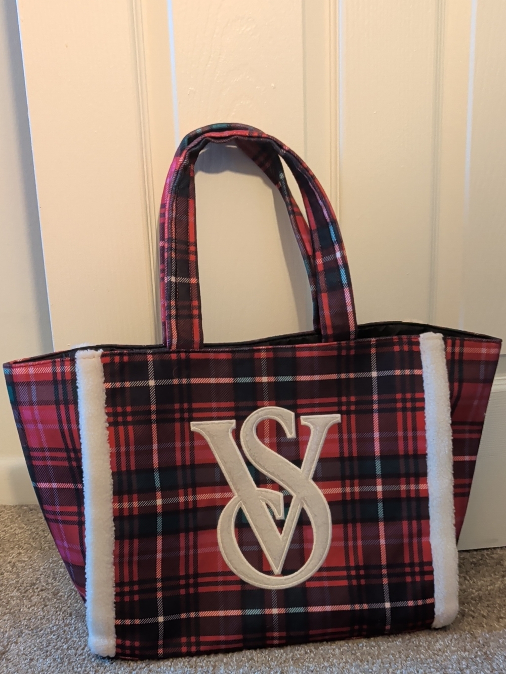 Victorias Secret Holiday Plaid Tote Bag with Embroidered Logo - Red/Black
